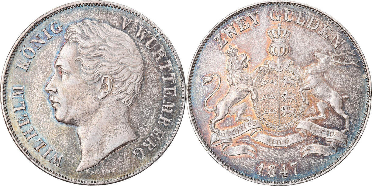 German States 2 Gulden 1847 Coin, WURTTEMBERG, Wilhelm I, Silver AU(55 ...