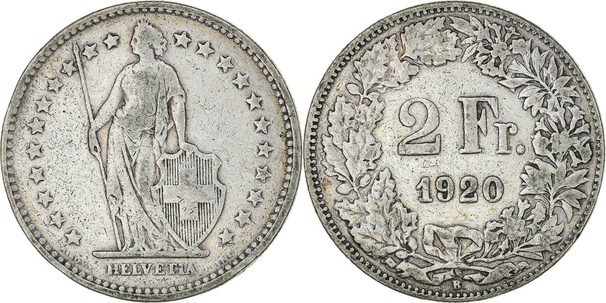 Switzerland 2 Francs 1920 B Coin, Bern, Silver, KM:21 VF(30-35) | MA-Shops