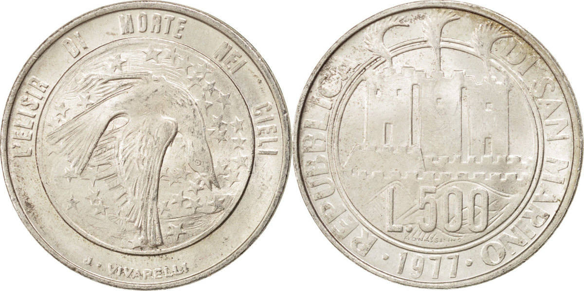 San Marino 500 Lire 1977 Coin, Silver, KM:71 MS(63) | MA-Shops