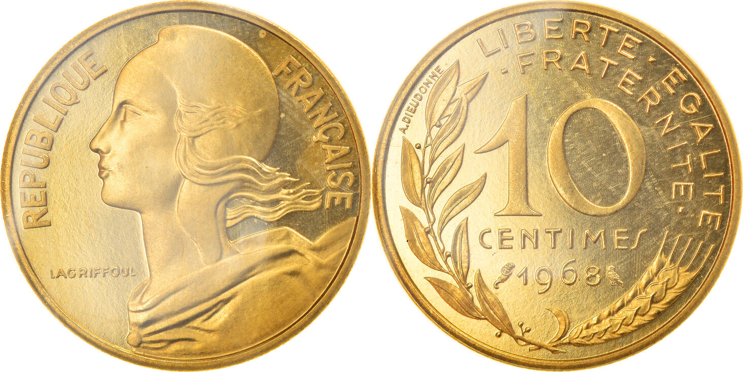 France 10 Centimes 1968 Coin, Aluminum-Bronze, KM:P392 MS(65-70) | MA-Shops