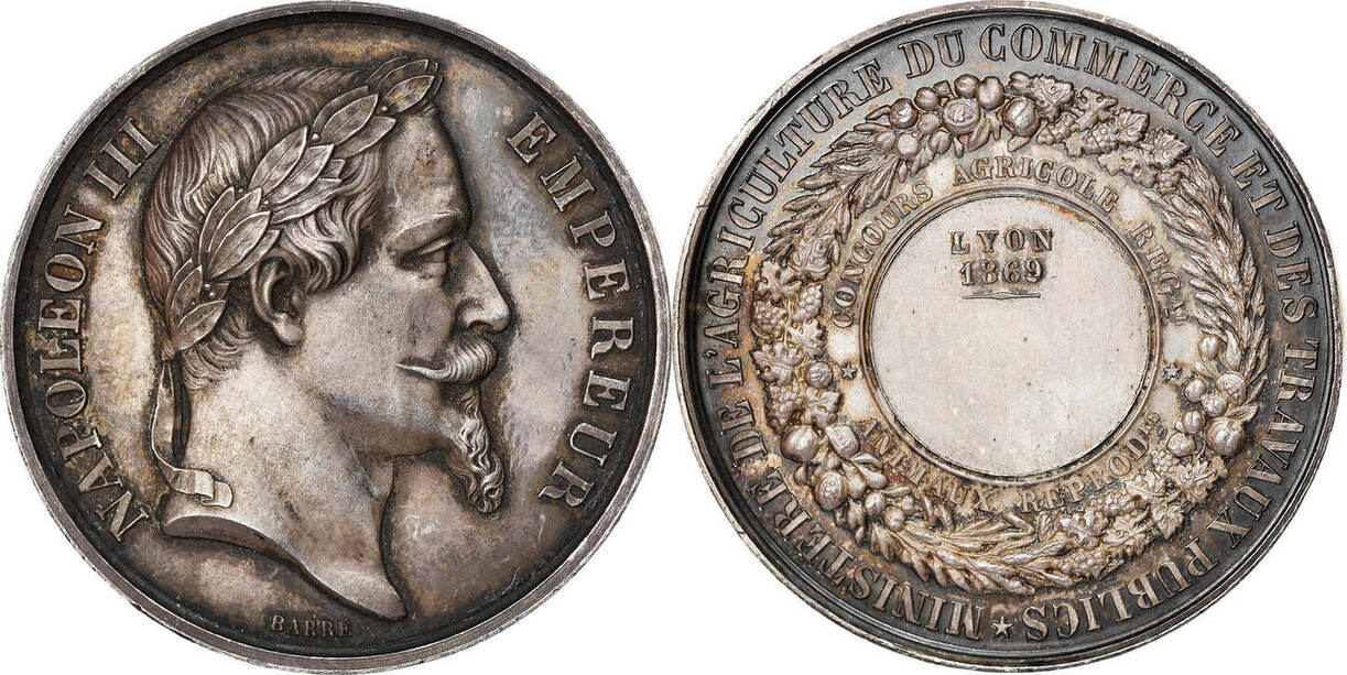 France Medaille 1869 Napoléon III, Concours Agricole de Lyon, Barre AU ...