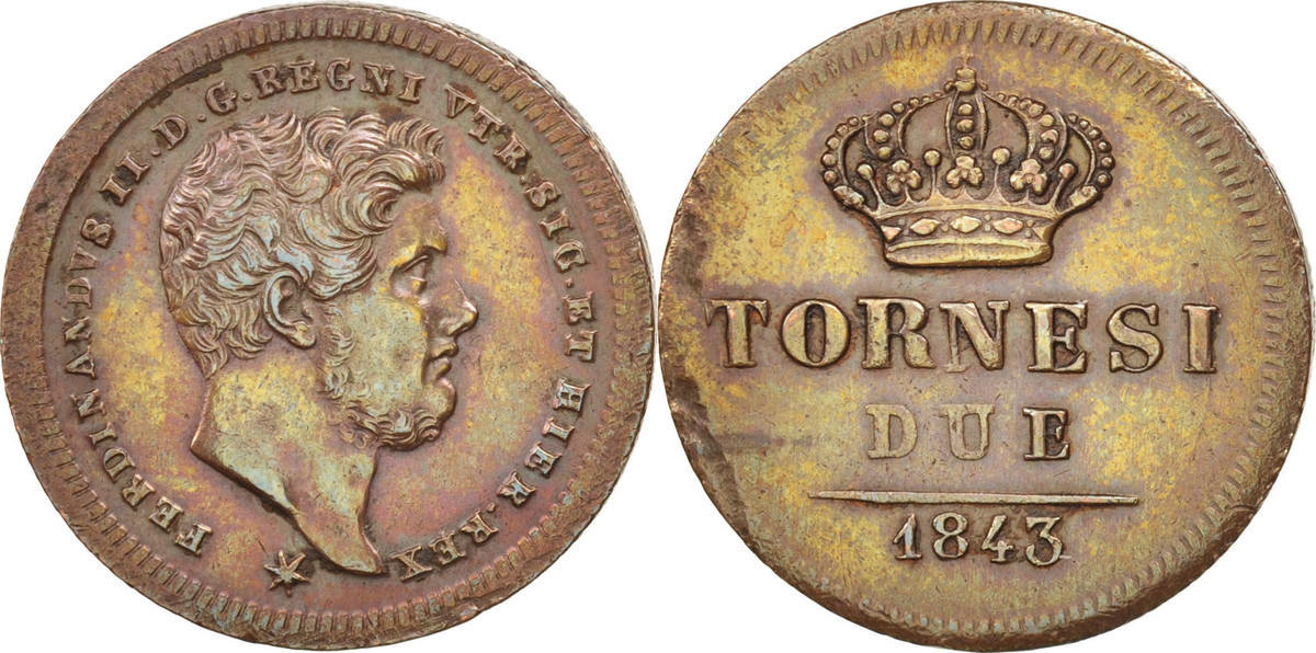 ITALIAN STATES 2 Tornesi 1843 Coin, NAPLES, Ferdinando II, Copper AU(50