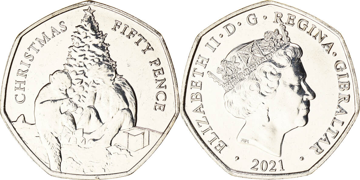 Gibraltar 50 Pence 2021 Coin, Christmas, Cupro Nickel, KMNew MS(63