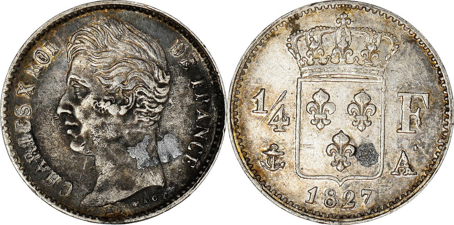 France 1/4 Franc 1827 A Coin, Charles X, Paris, Silver, KM:722.1 EF(40 ...