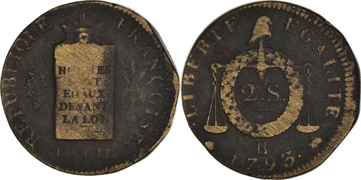 France 1793 B Coin, 2 Sols Aux Balances Daté, Rouen, Bronze VF(20-25 ...