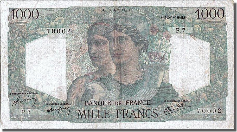 France 1000 Francs 1945 Banknote, 1 000 F 1945-1950 ''Minerve et ...