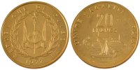 Djibouti 20 Francs Coin, Aluminium-Bronze, KM:E5 -