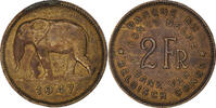 Belgian Congo 2 Francs Coin, Régence Prince Charles, Brass -