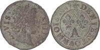France Denier Tournois Coin, Louis XIV, Paris, Copper -