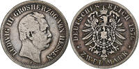 German States 2 Mark HESSE-DARMSTADT, Ludwig III, Darmstadt, Silver -