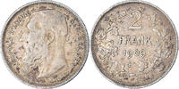 Belgium 2 Francs, 2 Frank Coin, Leopold II, Brussels, Silver -