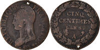 France 5 Centimes Coin, Dupré, Paris, Holed, Bronze -