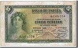 Spain 5 Pesetas Banknote, KM:85a -