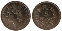 France 5 Francs Coin, Lavrillier, Paris, Nickel, Gadoury:760 -