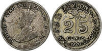Ceylon 25 Cents Coin, George V, Silver, KM:105a -