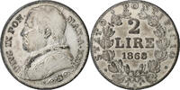 ITALIAN STATES 2 Lire PAPAL STATES, Pius IX, Rome, Silver, VF(30-35) -