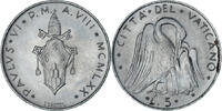Vatican 5 Lire Coin, VATICAN CITY, Paul VI, Aluminum, KM:118 -