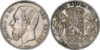 Belgium 5 Francs, 5 Frank Coin, Leopold II, Brussels, Silver -