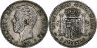 Spain 5 Pesetas Amadeao I, Madrid, Silver, KM:666 -