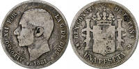 Spain Peseta Alfonso XII, Madrid, Rare, Silver, KM:686 -