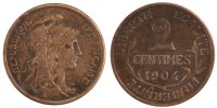 France 2 Centimes Coin, Dupuis, Bronze, Gadoury:107 -