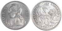 Comoros 5 Francs Coin, Paris, Aluminium, Lecompte:36 -