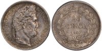 France 25 Centimes Coin, Louis-Philippe, Paris, Silver -