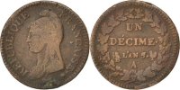 France Decime Coin, Dupré, Paris, Bronze, KM:644.1 -