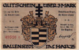 Germany 3 Mark Banknote, Ballenstedt, Blason 1921-03-22, UNC(63) Mehl:61.3 -