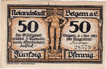 Germany 50 Pfennig Banknote, Belgern, chevalier 1921-11-01, UNC(63) Mehl:70.1 -