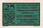 Germany 25 Pfennig Banknote, Ansbach, Blason 1921-08-12, UNC(63) Mehl:35.2c -