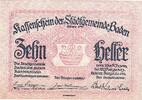 Austria 10 Heller Banknote, Baden, Texte 1920-12-31, UNC(63) Mehl:FS 74a -