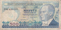 Turkey 500 Lira Banknote, KM:195 -
