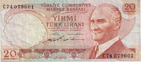 Turkey 20 Lira Banknote, KM:187a -