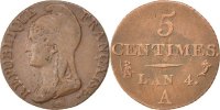 France 5 Centimes Coin, Dupré, Paris, Bronze, KM:635.1 -