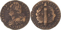 France 2 sols François 1792 W Coin, Louis XVI, Lille, Cuivre VF(30-35)
