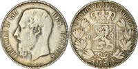 Belgium 5 Francs, 5 Frank Coin, Leopold II, Brussels, Silver -