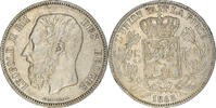 Belgium 5 Francs, 5 Frank Coin, Leopold II, Brussels, Silver -