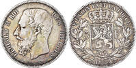 Belgium 5 Francs, 5 Frank Coin, Leopold II, Silver, KM:24 -