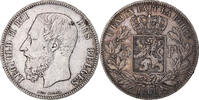 Belgium 5 Francs, 5 Frank Coin, Leopold II, Brussels, Silver -