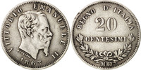 Italy 20 Centesimi Coin, Vittorio Emanuele II, Milan, Silver -