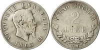 Italy 2 Lire Coin, Vittorio Emanuele II, Torino,Silver,KM 6a.2 -