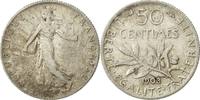 France 50 Centimes Coin, Semeuse, Paris, Silver, KM:854 -