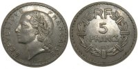 France 5 Francs Coin, Lavrillier, Paris, Nickel, KM:888 -