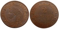 France 2 Centimes Coin, Cérès, Paris, Bronze, Gadoury:105 -