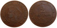 France 2 Centimes Coin, Cérès, Paris, Bronze, Gadoury:105 -