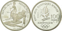 France 100 Francs Coin, Slalom skiers, BE, Silver, KM:984 -