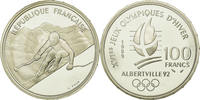 France 100 Francs Coin, Alpine skiing, BE, Silver, KM:971 -