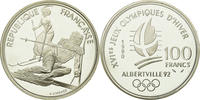 France 100 Francs Coin, Slalom skiers, BE, Silver, KM:984 -
