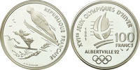 France 100 Francs Coin, Ski jumpers, BE, Silver, KM:995 -